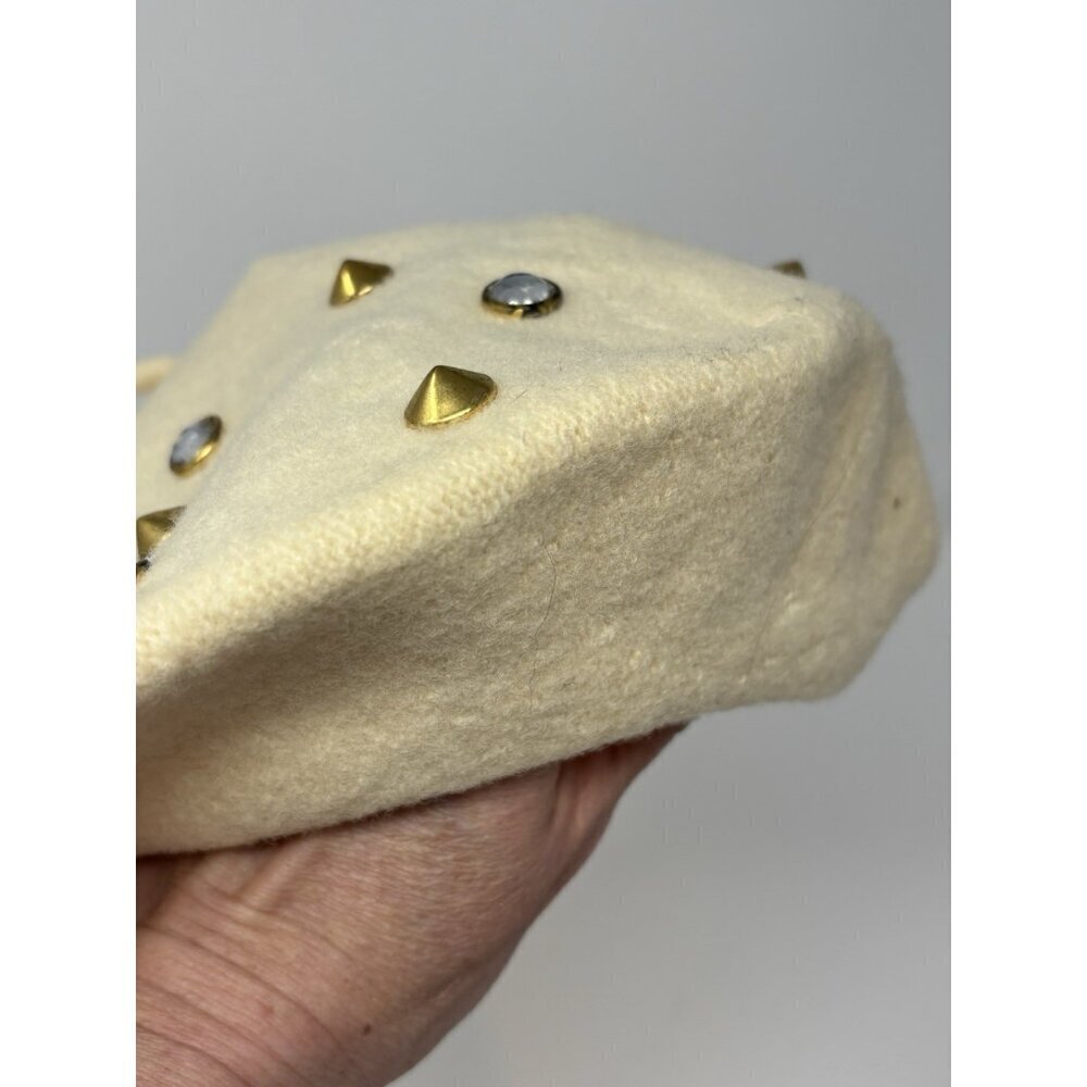 Vintage 70s 60s Cream Ivory Wool Studded Jewel Beret Hat Women's Czechoslovakia - Picture 3 of 12